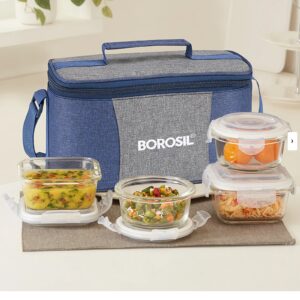 BOROSIL Alora Universal Glass Lunchbox, 4 pc Set (320 ml x 2 + 240 ml x 2)